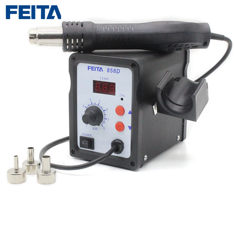 FEITA 858D пистолет горячего воздуха SMD паяльная станция с цифровым дисплеем Сварка тепловой пушкой Инструменты для ремонта с тремя насадками