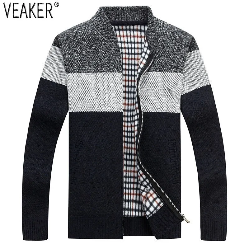 2018 الخريف جديد الرجال سميكة Sweatercoat مخطط الوقوف طوق سستة سترة معطف ملابس خارجية الشتاء الصوف الكشمير بطانة البلوزات