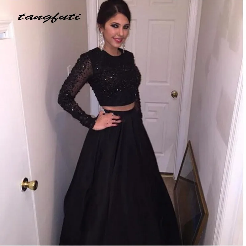 

A Line Beaded Satin Long Sleeve Black Prom Dresses 2 Two Piece Prom Dress vestidos de gala Evening Gown