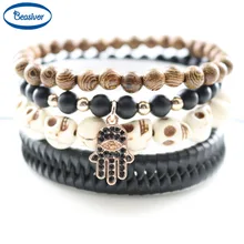Joyería de los hombres de Las Mujeres Pulseras de Moda Hecha A Mano de BRICOLAJE de Cuentas Brazalete de Oro Plateado Fátima Mano Encanto Piedras Cráneo de Cuero Real trenza