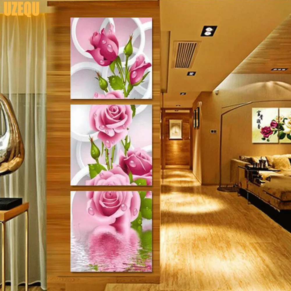 

UzeQu Triptych 5D DIY Diamond Painting Cross Stitch Flower Rose Diamond Embroidery Full Round Rhinestones Crafts