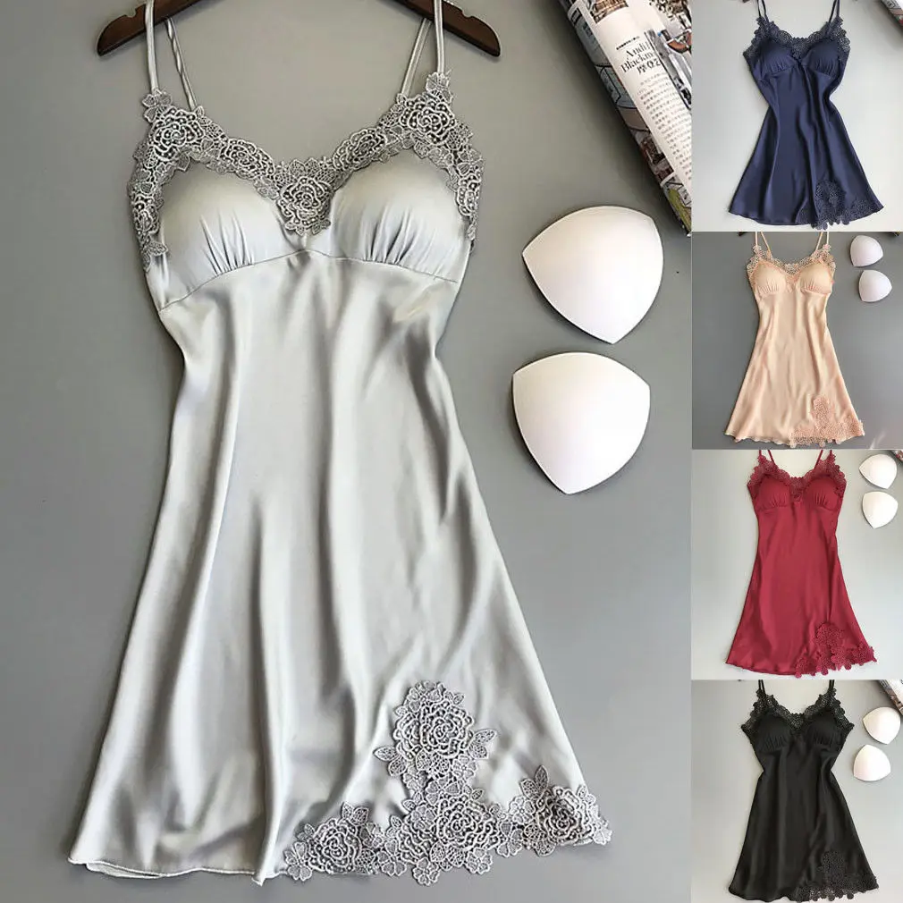

Fashion Women Sexy Lace Lingerie Soft Satin Sleep Dress Nightwear Babydoll Sleepwear Sling V-neck Nightdress Solid Color