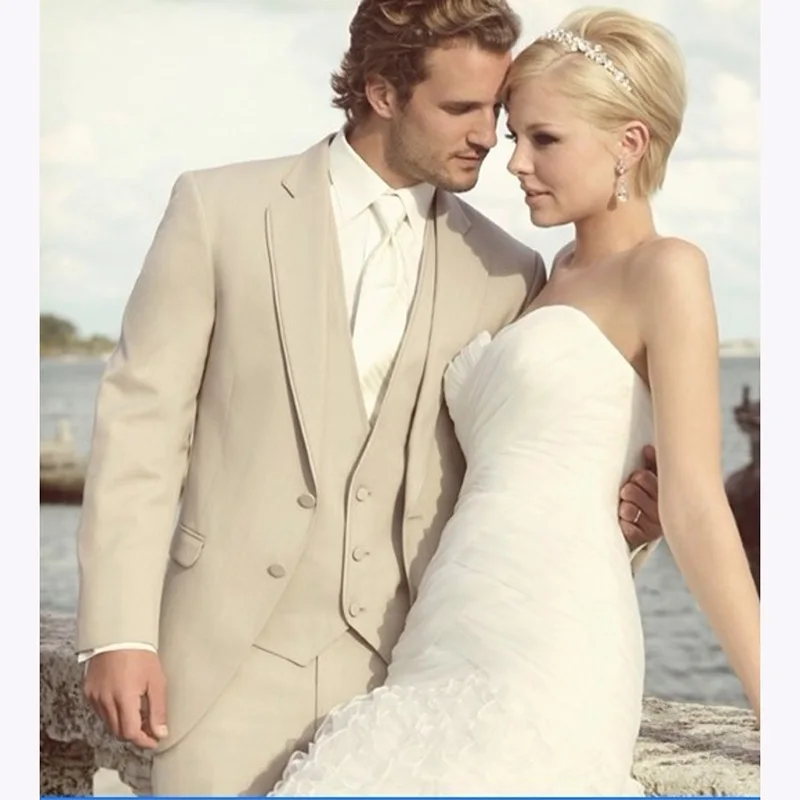 Новые мужские костюмы Groomsmen Нотч Жених Мужчины смокинги Vestido De Festa бежевый свадебное Лучший мужчина Костюм(куртка+ брюки+ галстук+ жилет