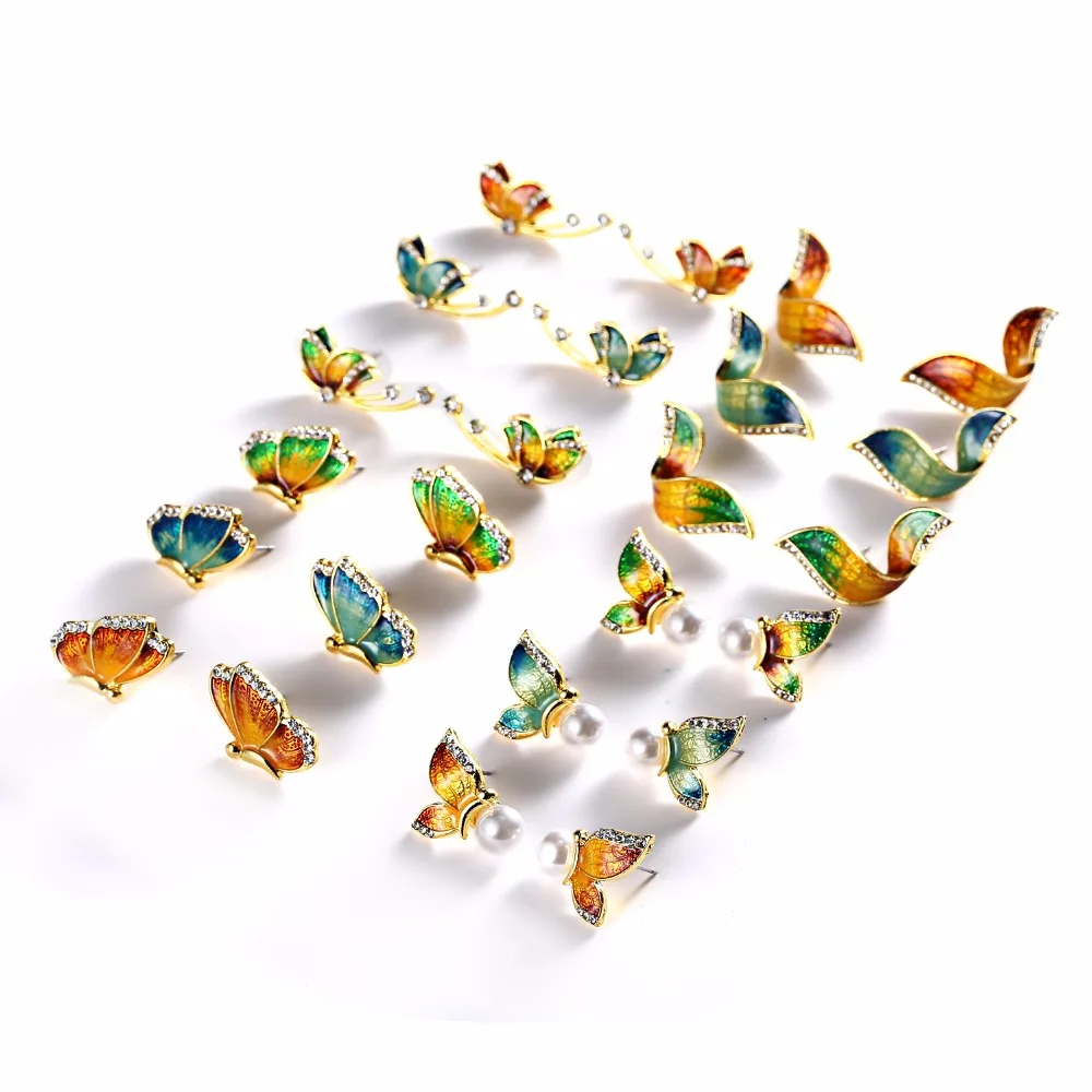 

Metal Printing Butterfly Earrings Simulated Pearl Stud Earrings Set For Women Jewelry Accessories Piercing Rhinestone Bijouteria