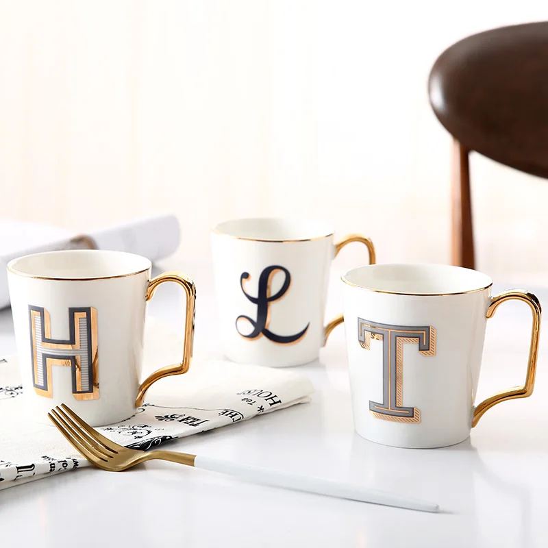 

Coffee Mug With Handgrip Gold Inlay Letter Milk Mug Large Tea Mugs