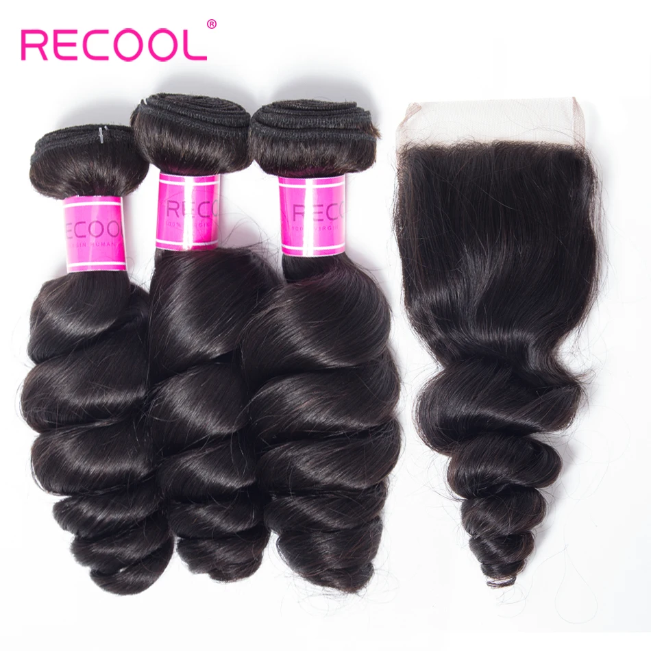 

Recool Hair Brazilian Hair Weave Bundles Loose Wave 3 Bundles With Lace Closure 4 Pcs/Lot Deal Human Hair Bundles With Closure