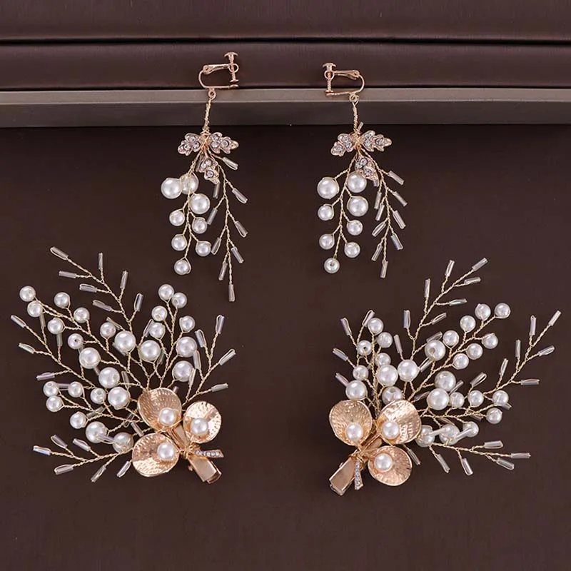 

FORSEVEN Gold Pearl Handmade Women Hair Accessories Woven Hair Pin Earrings Set Flower Tiaras Headpiece Bridal Jewelry Sets JL