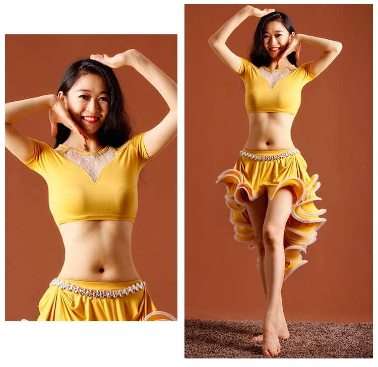 Для женщин Танец живота одежда модал Короткие рукава топ + многослойная юбка-пачка 2 шт. танец живота набор для леди танец живота костюм