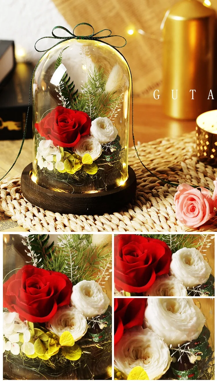 Красивый и чудовищный светодиодный светильник в виде Розы в колбе, Подарочная коробка с вечным цветком, стеклянная крышка, украшение, рождественский подарок, свадебный подарок