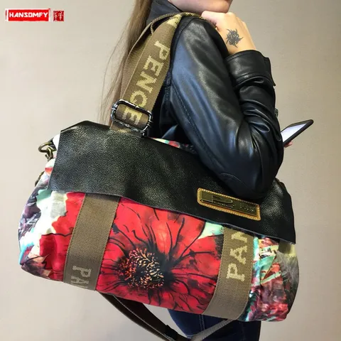 2022 original das mulheres bolsa de ombro lona com couro feminino mensageiro crossbody saco impressão grande capacidade sacos viagem