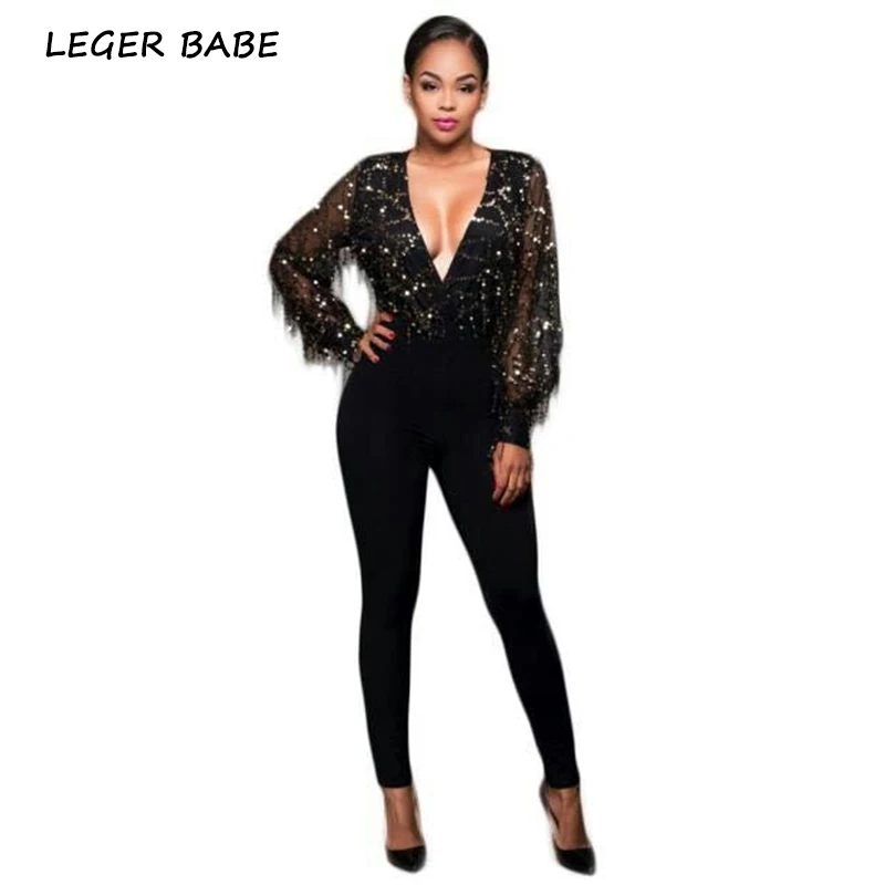 Perspective Bandage Jumpsuit Black Brilliant Appliques Bodycon Fashion Women Long Sleeves
