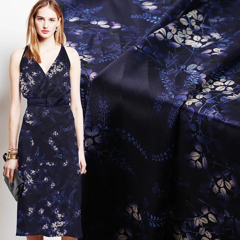 

Half Meter Dark Blue Floral Silk Fabric Elastic Summer Mulberry Silk Cheongsam Telas Tecido Tissu Width 42'' 19 Momme