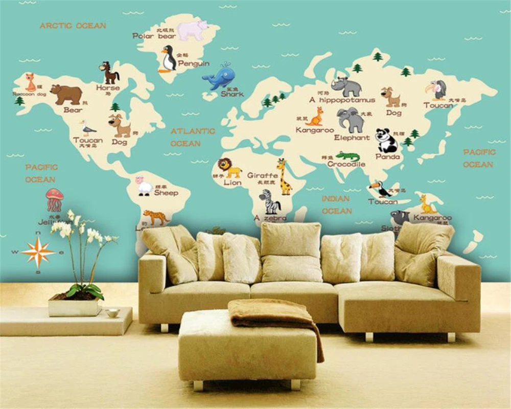 Kids World Map With Animals Wallpaper Mural Map Wall Mural World Map Images