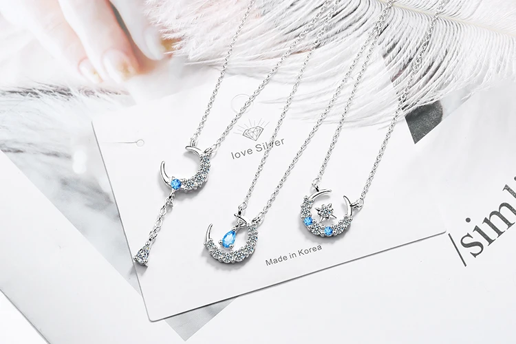 Голубая звезда Луна кисточка Капля воды 925 пробы серебряные цепи для женщин Подвеска с простым дизайном модные ожерелья ювелирные изделия