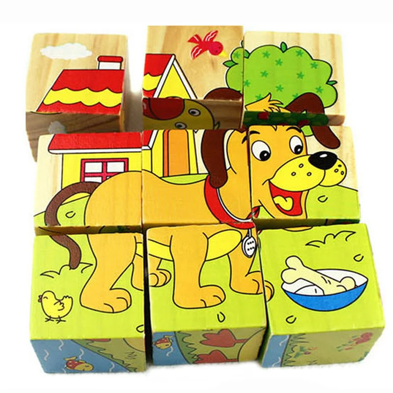 

Wooden Cartoon Animal Puzzle Toys 6 Sides Wisdom Jigsaw Early Education Learning Toys for Children Game 9pcs Single 3D Puzzle