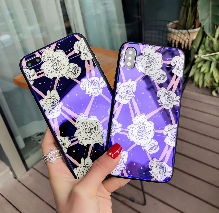 2018 Fashion Flora Pattern Blue Ray Light Cell Phone Laser Cases For iPhone X 8 6 6s 7 Plus Tempered Glass+Soft TPU Cover Case | Мобильные