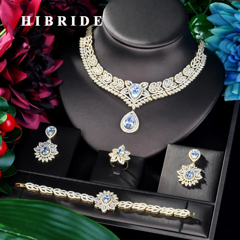 

HIBRIDE Big Water Drop Shape Cubic Zircon Women 4 pcs Jewelry Set Dress Necklace Earring Jewelry Set For Party Gits N-873