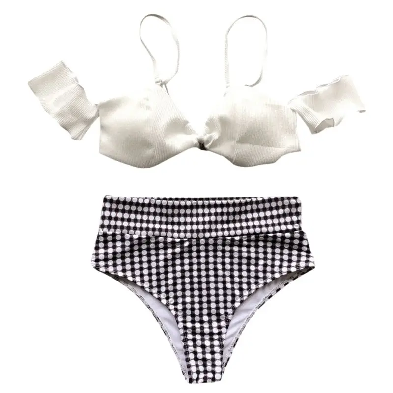 

Women Sexy Two Piece Bikini Set Detachable Straps Off The Shoulder Bra High Waist Tummy Control Vintage Polka Dot Printed Thong