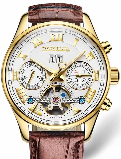 Carnival Tourbillon автоматические часы для мужчин Роскошные Золотые механические часы сапфировое стекло 30 м водонепроницаемые мужские часы reloj hombre - Цвет: leather white