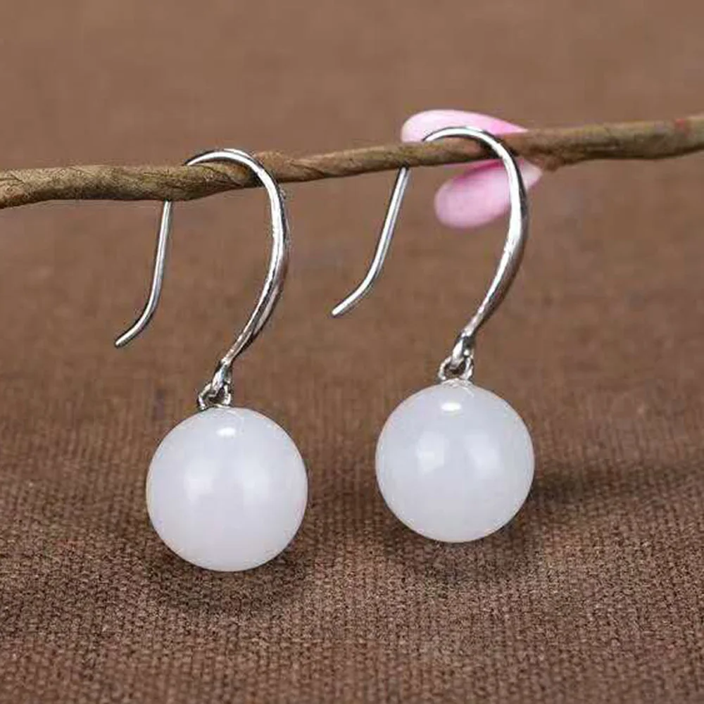 Drop Shipping Real 925 Sterling Silver Drop Earrings Ear Pin Natural Round Jade Handmade Fine Jewelry For Women Wedding Earrings