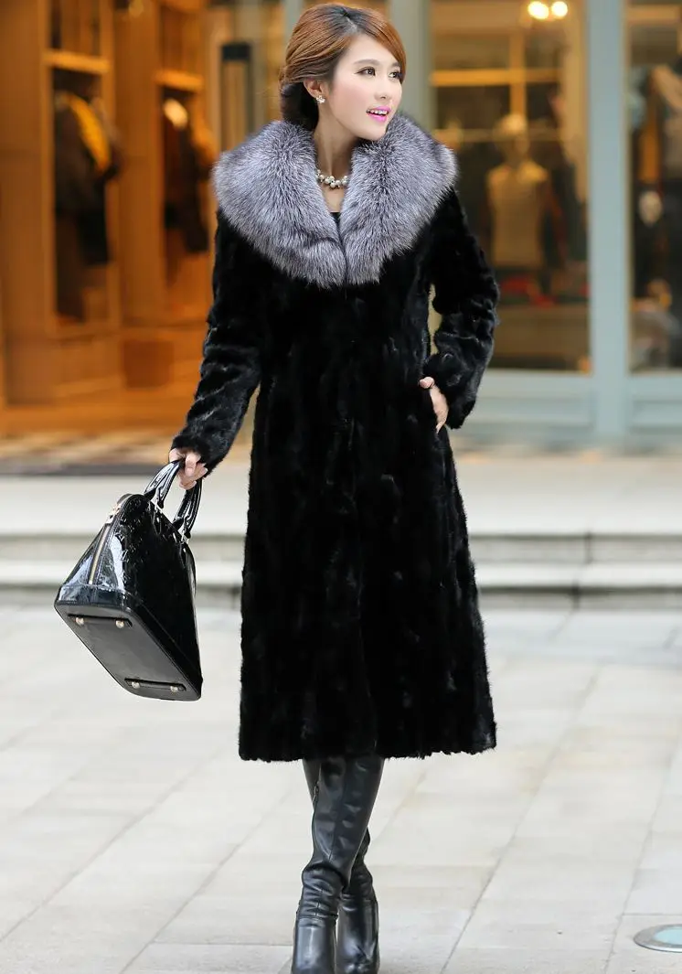 OKXGNZ женская шуба из искусственного меха черная лисица мех норки Новинка зимнее длинное пальто верхняя одежда меховой воротник теплый плюс Размер 6XL костюм а057 - Цвет: Gray fur collar