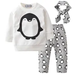 Одежда для новорожденных мальчиков коллекция 2018 года, Осенний Теплый красивый мультяшный Пингвин, пальто + штаны + повязка на голову