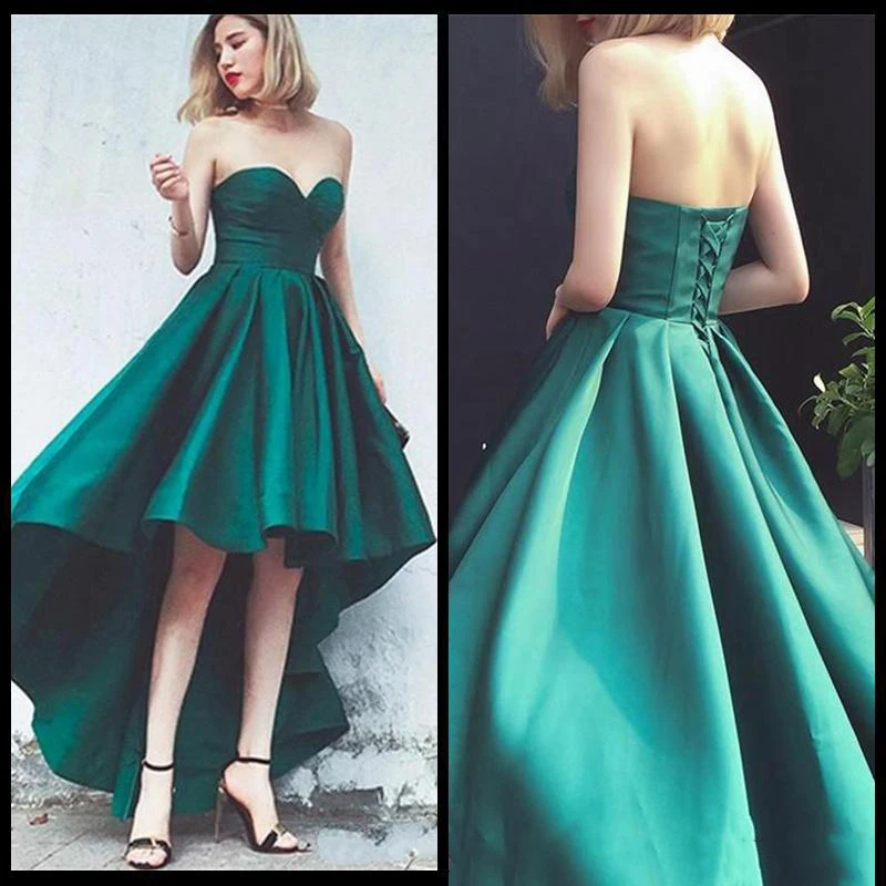 2201-2019 Simple Green High Low Prom Dress Sweetheart Lace Up Corset Bodice A Line Satin Prom Dresses Strapless Evening Party Gowns
