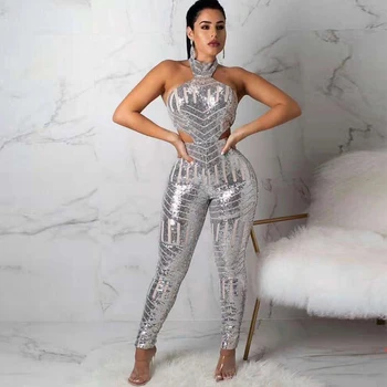 

Seamyla 2020 New Sexy Silver Sequin Jumpsuits Women Sleeveless Bodycon Club Celebrity Party Jumpsuit Overalls Summer Rompers