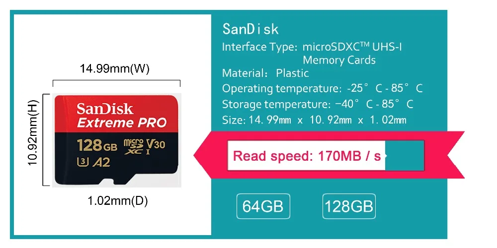 SanDisk Extreme PRo microSDXC UHS-I 128 GB карта памяти micro SD карты TF 170 МБ/с. Class10 U3 A2 с адаптером SD