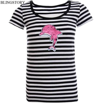 

BLINGSTORY Stripe Women Tshirt Harajuku Color Changeable Sequin Tops Summer Short Sleeve Cotton T Shirt Femme Camisas Mujer