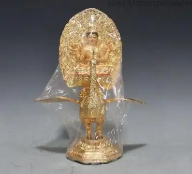

12.5 Tibet Bronze painted Gilt Peacock 4 armed Mahamayuri king Kwan-Yin Statue