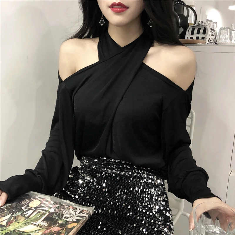 

2019 Summer New black elegant Women Chiffon Shirt Long Sleeve Bare shoulder Ladies Top Sexy Fashion Womens Clothing