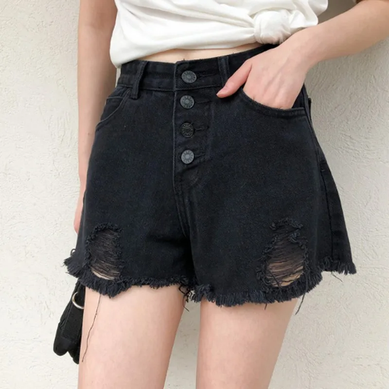 

New Casual Korean Summer Black Hole Denim Women Shorts High Waists Loose Sexy Streetwear Button Fly Jeans Short Pants Female