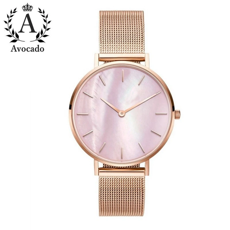 

AVOCADO 2018 New Simple Fashion Pink Shell Material Rose Gold Meshband Women WristWatch Miss Quartz Watches