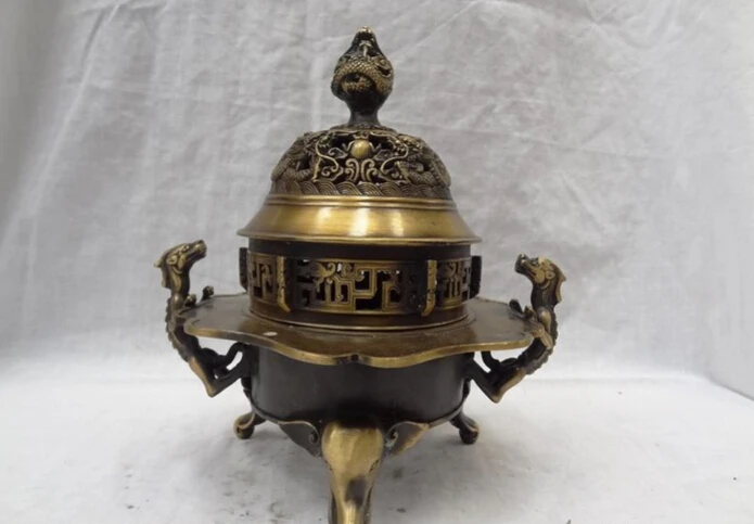 

song voge gem S5086 8" Tibet Pure Bronze Dragon Head Ball Elephant Lion Statue Incense Burner Censer
