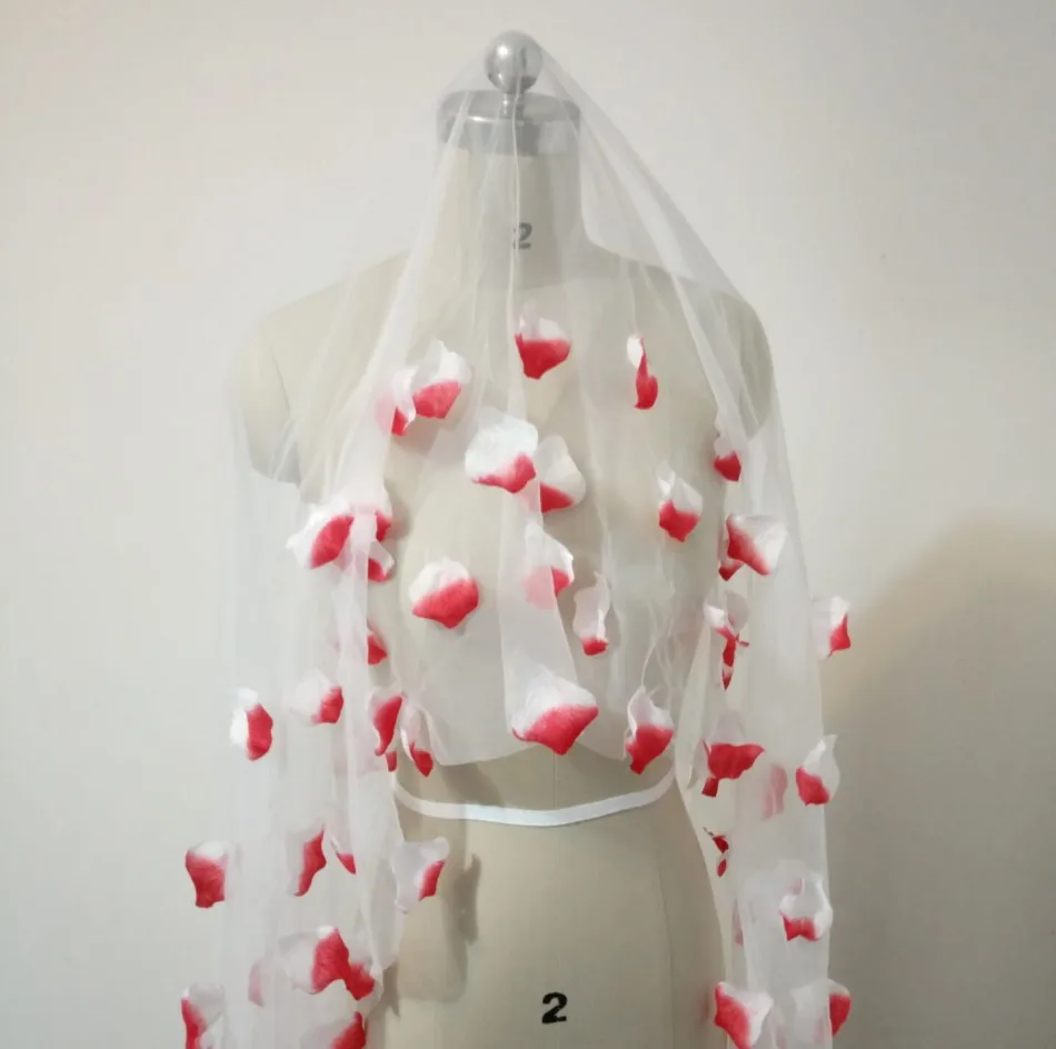 5 Meter Tulle Long Bridal Veil with Red Rose Petals Beautiful Wedding Accessories for Bridal velos de novia Wedding Veil S151 