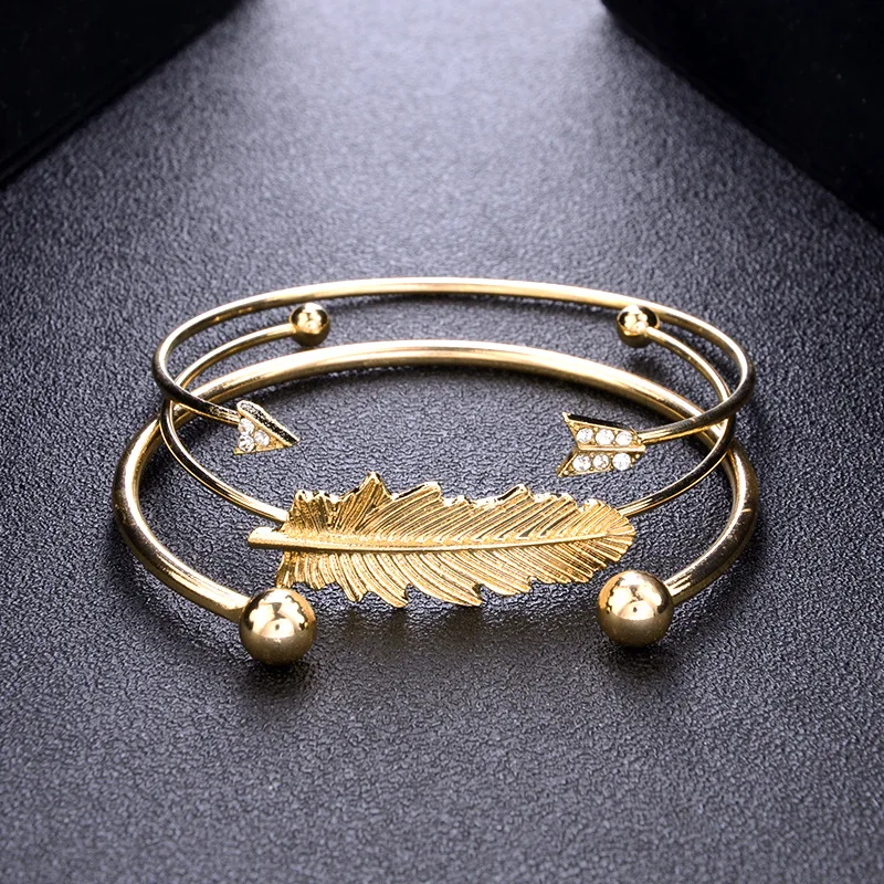 

SUKI 3pcs/set Vintage Metal Leaf Opening Bracelets For Women Girl Bohemian Adjustable Bracelet Bangle Set Statement Jewelry