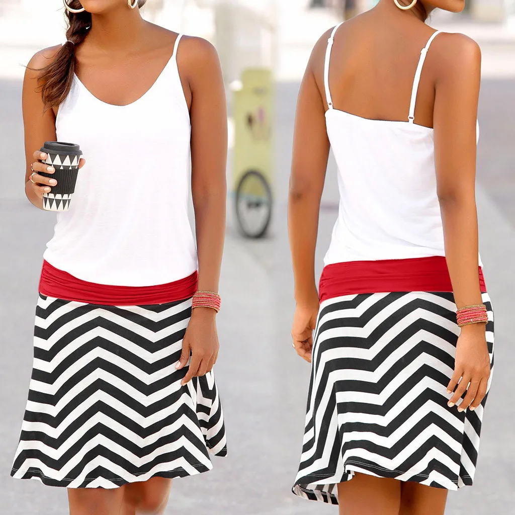 

Womens Summer Bohemian Sleeveless Patchwork Above Knee Dress Party Dress Female Streetwear Casual Evening Party Beach Dress