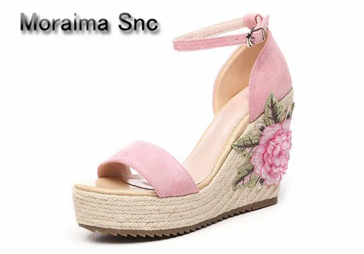 

Moraima Snc escarpins femme 2018 embroider wedges sandals women high heels shoes women summer flower gladiator platform sandals