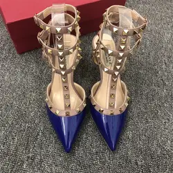 Бесплатная доставка модные женские туфли лодочки Леди Королевский синий шипы со штифтовым соединением с острым носком обувь на высоком