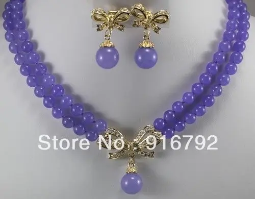

free shipping >>>>>2 row 8mm green/purple jade amethyst necklace + bow pendant earrings