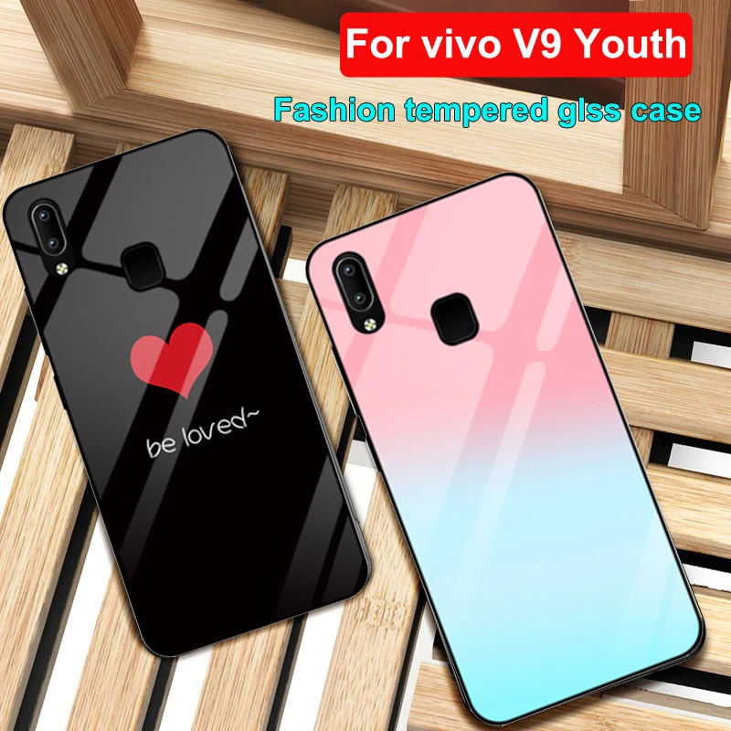 

6.3" Coque For vivo V9 Youth case Solid color tempered glass Anti-knock phone cover cases vivoV9 Youth Gradient glass shell