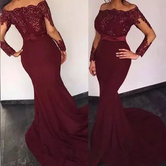 Бордовый Красный Русалка Вечерние платья Бато шеи vestidos largos пайетки Выпускные платья с аппликацией одежда с длинным рукавом вечернее