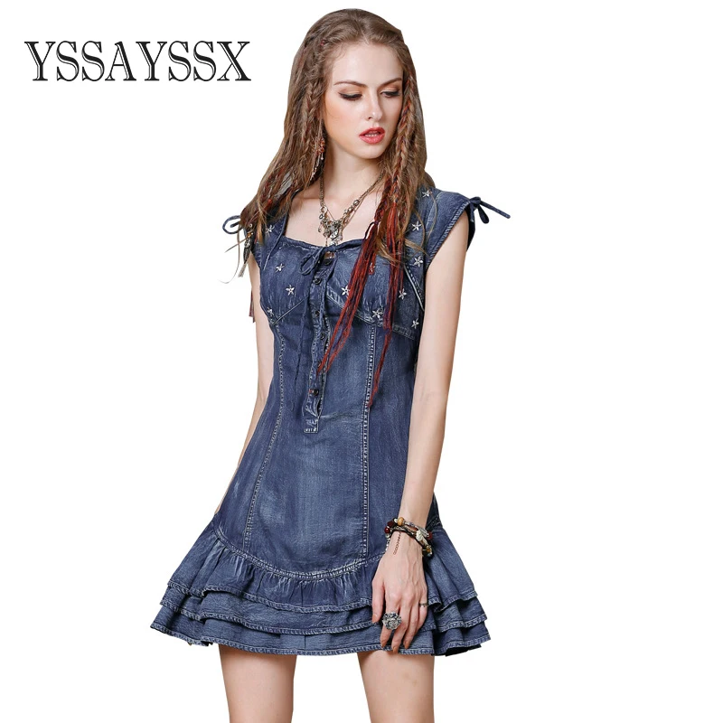 

YSSAYSSX Vintage Embroidered Ruffled Denim Dress New Slim Round Neck Solid Color Denim Dress Mid Waist Short Sleeve Denim Dress