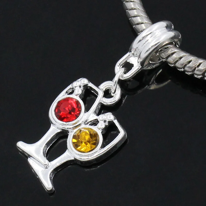 

8SEASONS European Charm slide pendants Wine Glass/Goblet Silver color Red Yellow Rhinestone 3.1x1.2cm,Hole:4.5mm,10PCs (B26701)