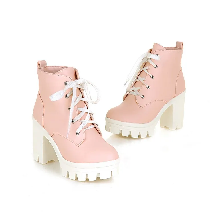 Woman Fashion Ankle Boots Thick High Heels Lace Up Round Toe PU Sweet Dress Platform Winter Warm Ladies Shoes