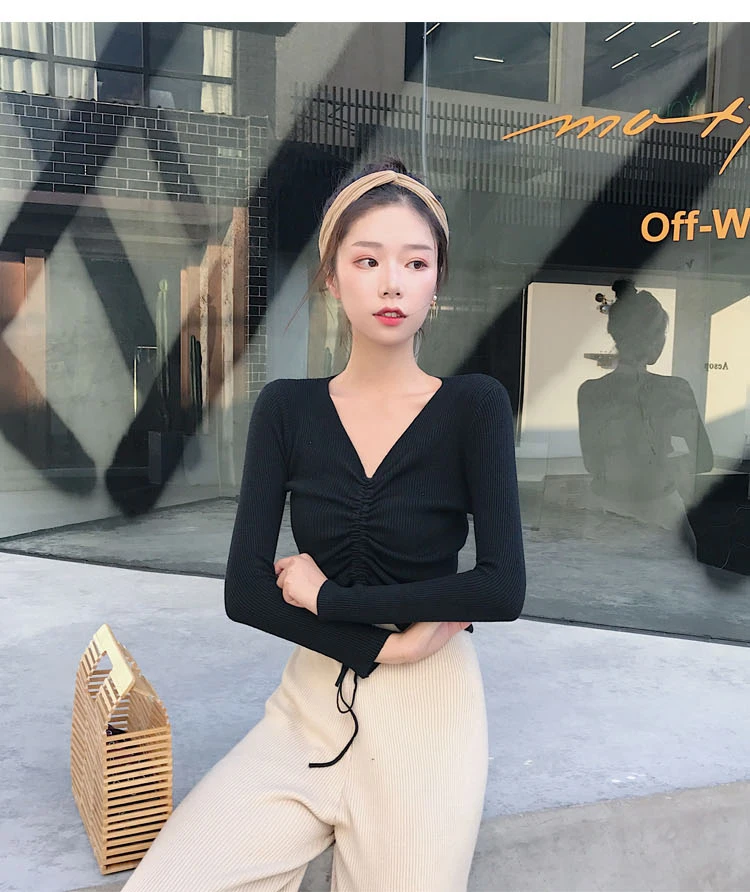 AOSSVIAO Sexy lace up knitting pullover top Fashion autumn winter sweater women Chic pink V-neck knit slim jumper pull femme