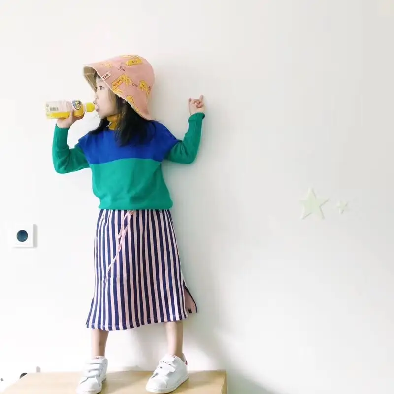 

Girls Clothes 2018 Autumn New Blue Green Girl Cotton Children Sweater +Striped Skirt 2 Pieces Clothing Set Toddler Girls 2 4 6 8