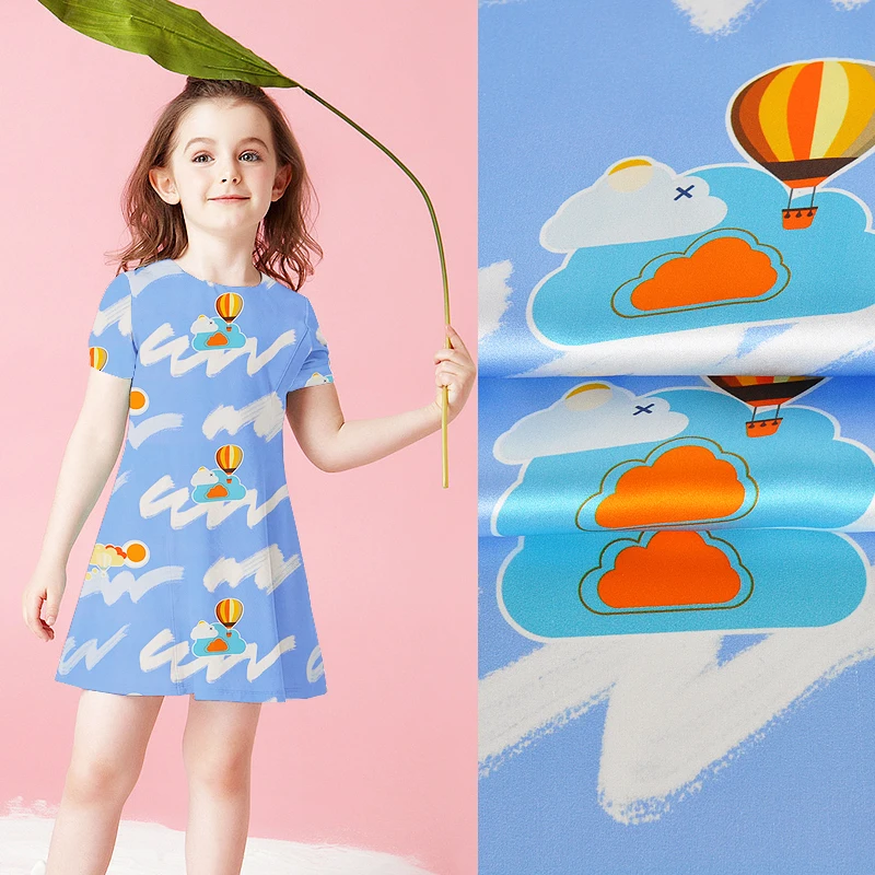

114CM Wide 16MM Cartoon Cloud Print Blue Silk Crepe Plain Fabric for Summer Spring Dress Shirt JH157