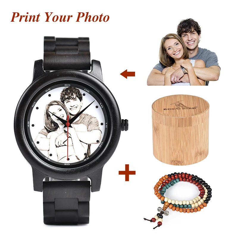 

BOBO BIRD Creative Design Printing Photo Logo As Family Gift Wood Quartz Watch Timepiece Engrave Logo